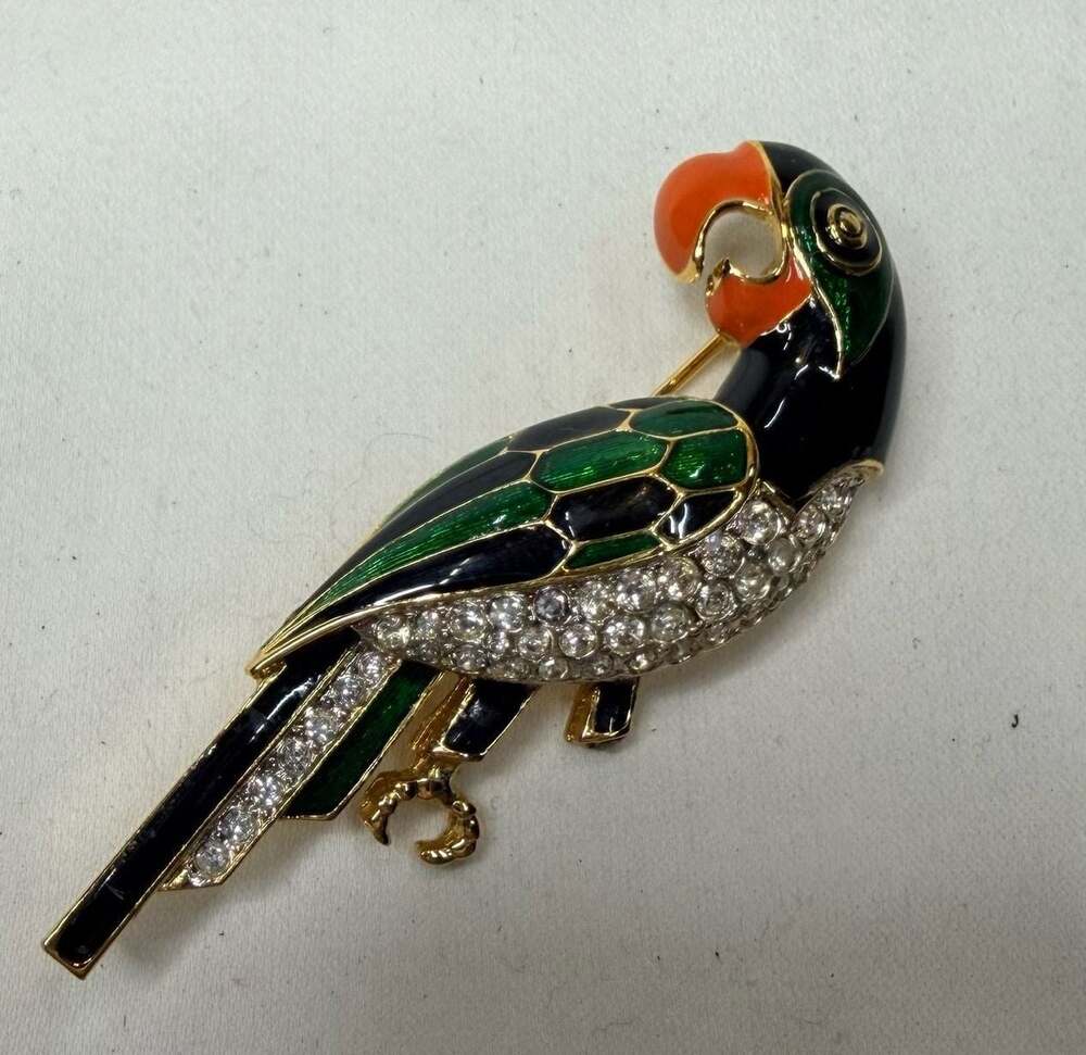 D'Orlan Vintage Gold Tone Enamel and Clear Rhinestone Parrot Brooch